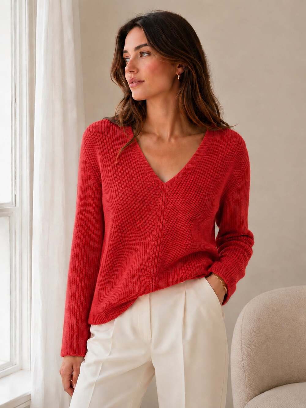 Nordstrom Signature 100% Cashmere V-Neck Ribbed Knit Sweater Coral Red